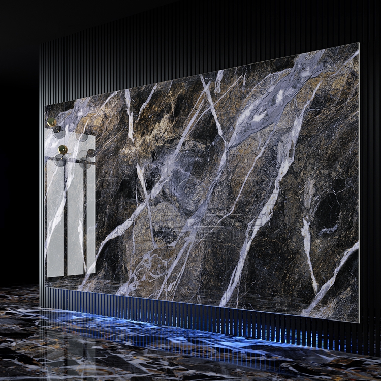 松果 现代简约深色连纹大板砖灰色客厅通体大理石背景墙瓷砖1200 2780