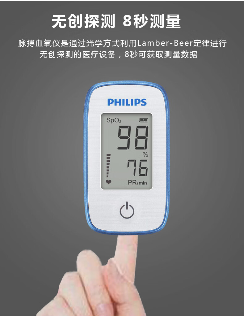 飞利浦philips指夹式脉搏血氧仪家用血氧饱和度脉搏心率成人老人测量