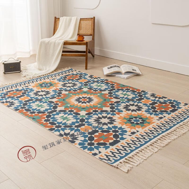 ins波西米亚棉麻客厅沙发地毯卧室床边长榻榻米垫可机洗卡西姆波普风