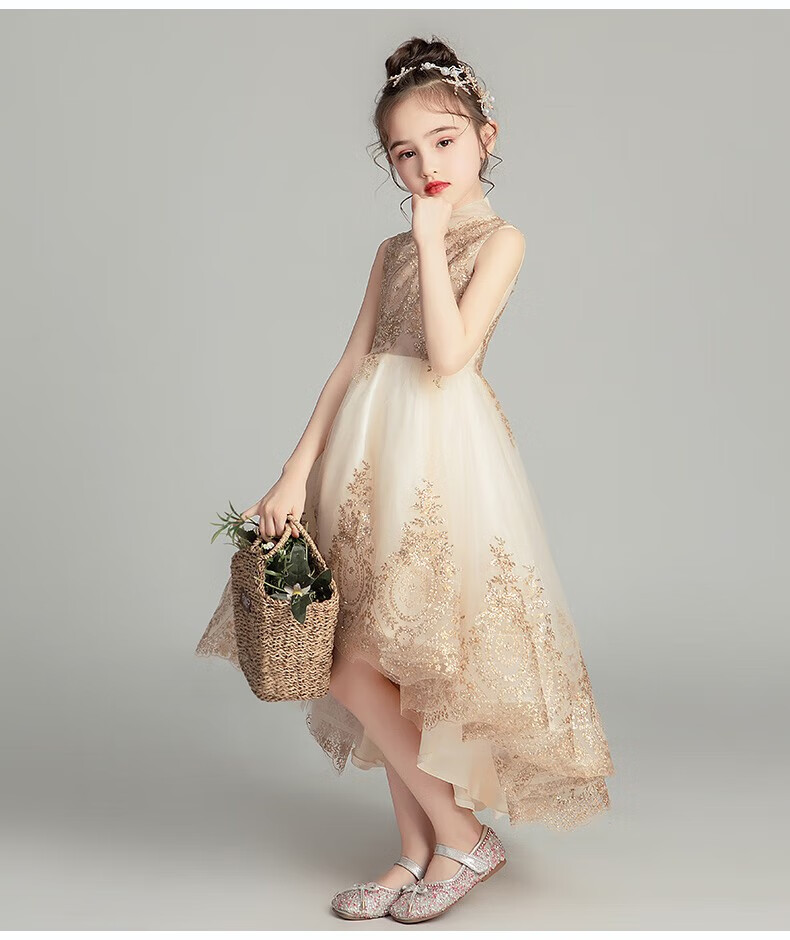 儿童婚纱裙白纱裙女童模特走秀礼服花童主持人公主裙女童蓬蓬纱花童