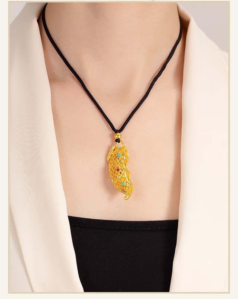 鑫徕帝珠宝传承古法黄金吊坠花丝口空长生豆吊坠足金999金蝉四季豆福