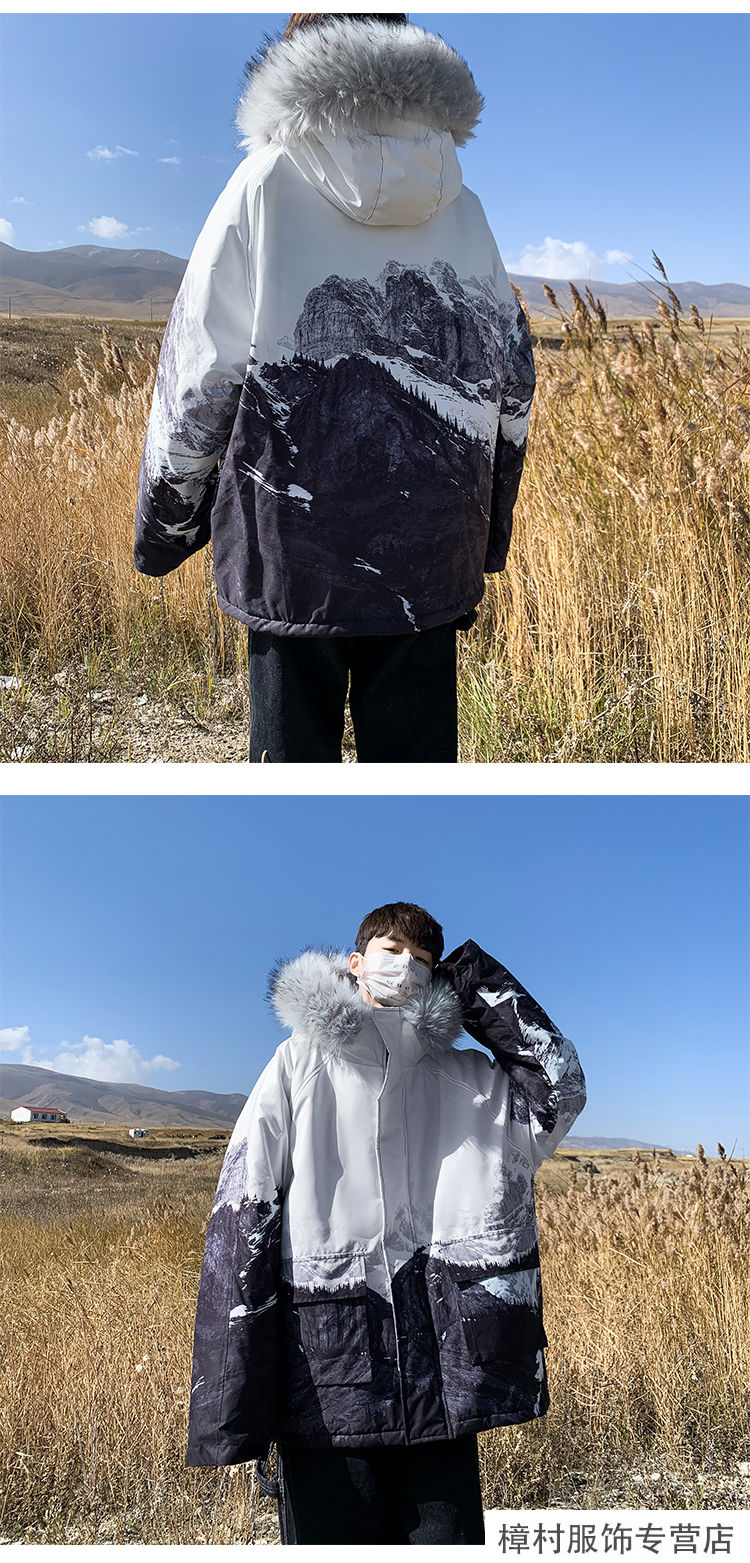 冬季潮牌雪山棉衣大码胖子宽松白色连帽棉服棉袄加厚外套男 黑色雪山