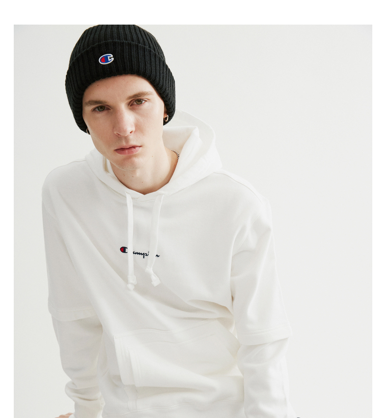 champion冠军2021秋季新款男式拼接假两件连帽卫衣白色xxl