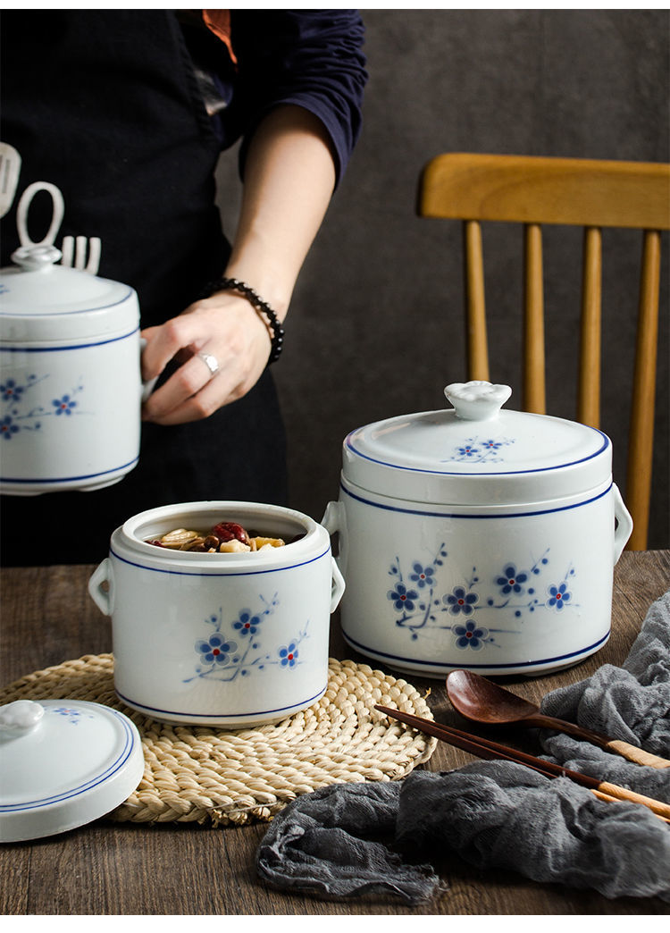 青花兰梅商用耐高温陶瓷炖盅隔水宝宝营养蒸汤盅家用双盖燕窝炖盅炖锅
