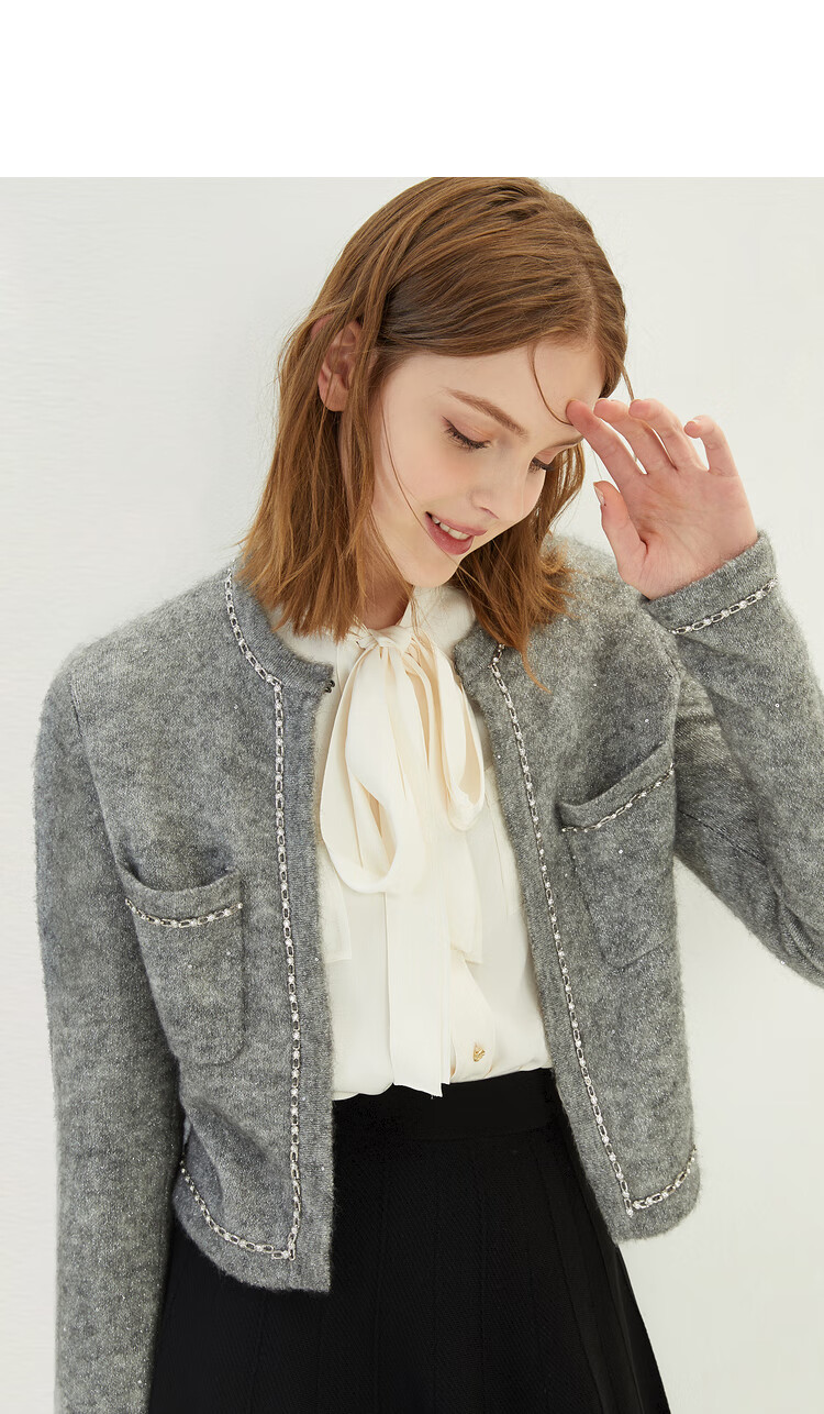 莱茵2020秋冬新款小香风上衣女短款毛针织开衫银线时尚名媛小外套 深