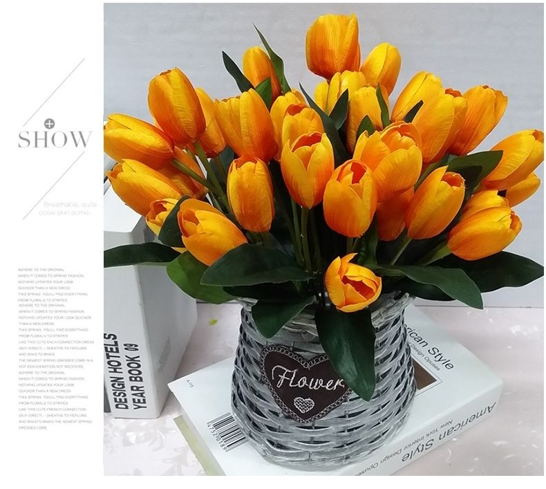 装饰花束餐桌摆放室外场景布置小花绢花 仿真9头郁金香橘色1束【图片