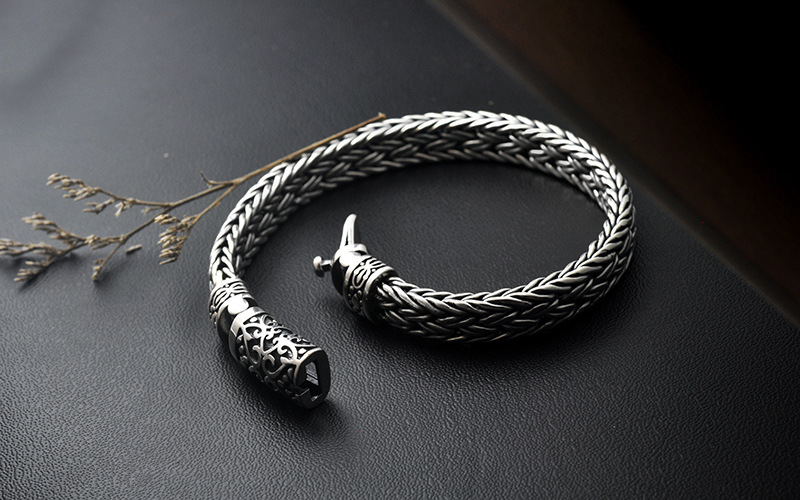 媛姿(yuanzi)s925纯银手工编织手链男泰银复古潮男士个性霸气粗款银