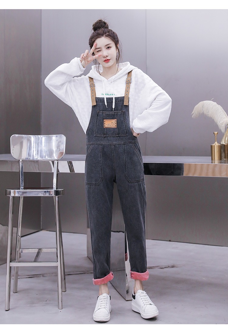 丽雯娜秋天女生牛仔背带裤女加绒秋冬装韩版小个子显瘦两潮ins火加厚