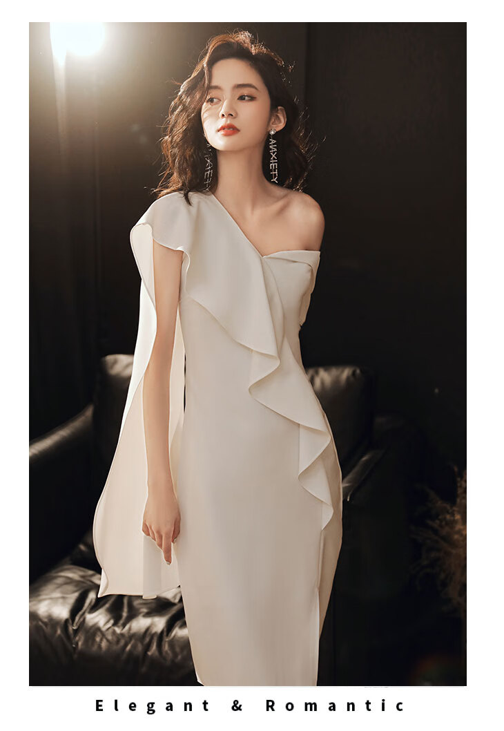 yundongma洋装白色小晚礼服裙女夏法式气质短款单肩平时可穿宴会主持