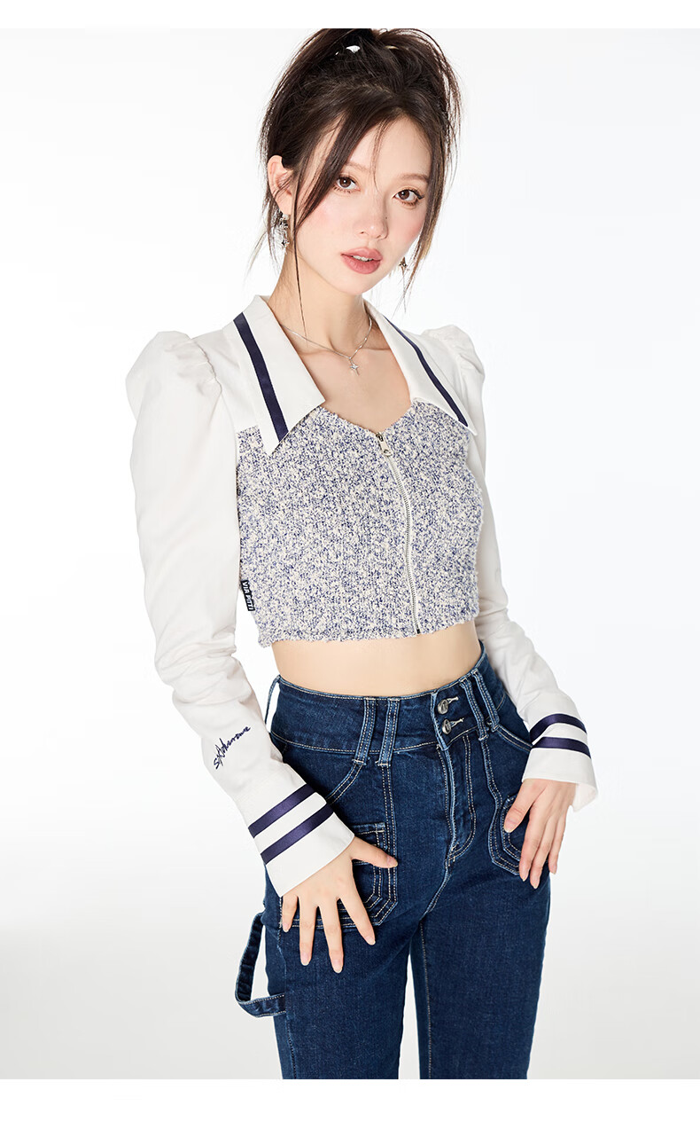 viapittiviapitti秋季新款毛衫拼接泡泡袖甜酷辣妹t.