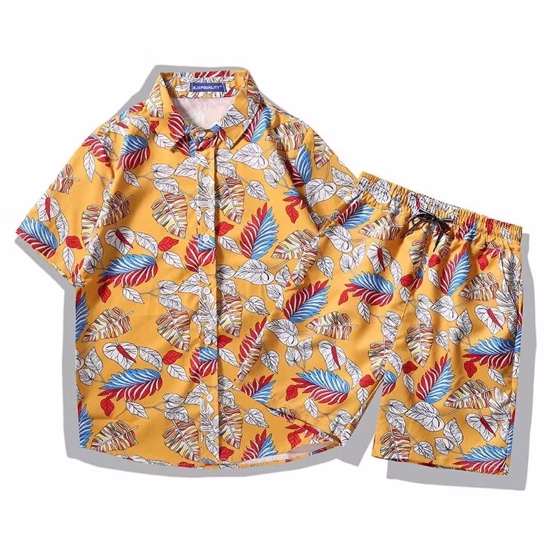 Casual Printed Shirt Men's Summer Beach Shorts Short-sleeved Two-piece Suit Loose Trend Handsome Hawaiian Vacation Shirt Men_viptrois.com