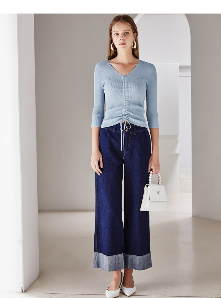 抽绳七分袖v领针织线衫女佳人苑2020秋新款修身显瘦百搭纯色上衣 本白