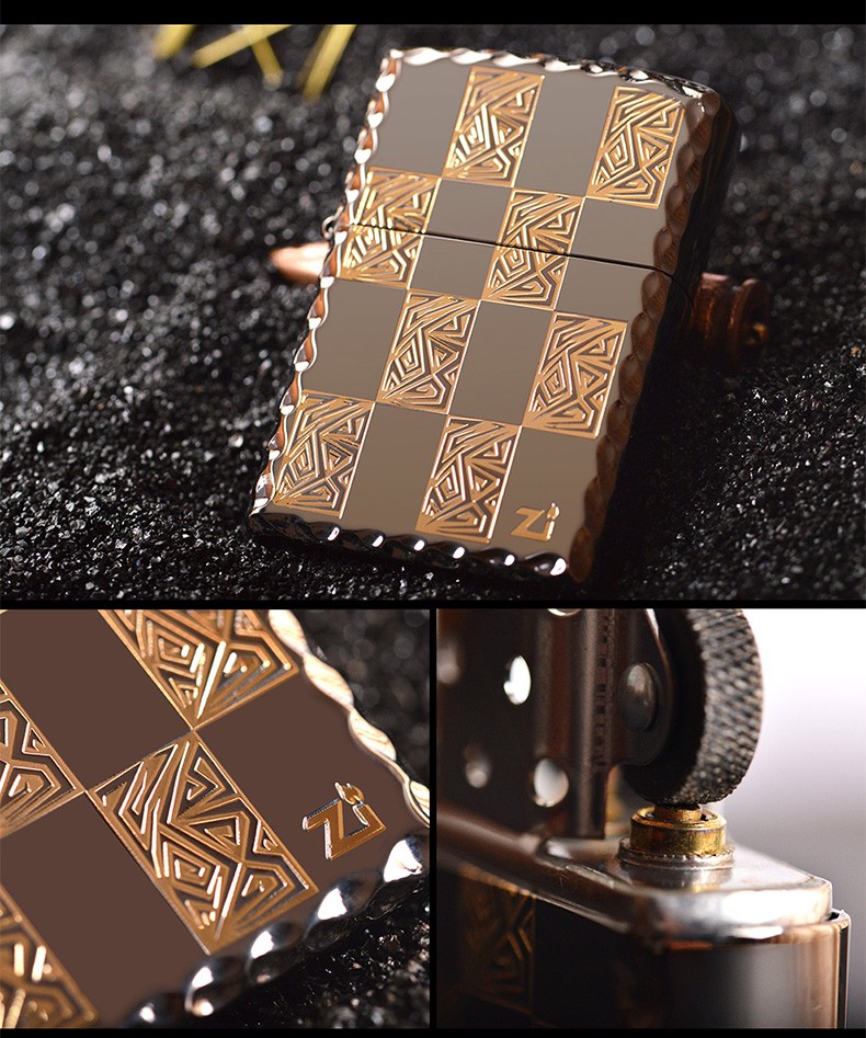 zippo打火机 情人节礼物芝宝zppo雕刻方格图腾打火机 zbt-1-10b 黑冰