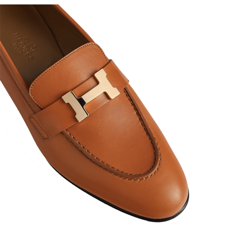 尚品城hermes爱马仕女士皮鞋乐福鞋 栗色小牛皮鞋面标志性h细节个性
