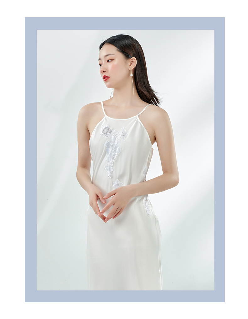 绣娘丝绸真丝睡裙季女士睡衣桑蚕丝吊带睡裙优雅蕾丝姿彩 黑色 165/l