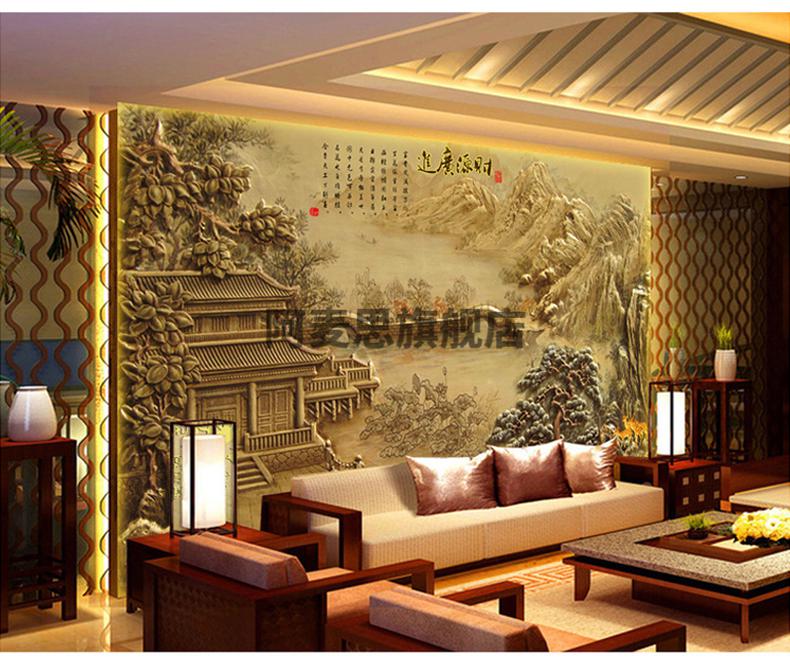 3d立体浮雕山水画风景墙纸壁画客厅5d电视背景墙整张无缝闪银布平米