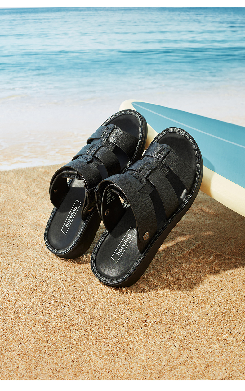 热风凉鞋男2022年夏季新款牛皮复古沙滩凉鞋休闲两穿凉拖鞋01黑色44