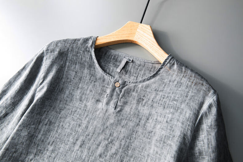 夏季新中国风复古做旧亚麻t恤男装棉麻短袖宽松麻布半袖上衣麻衣 绿色