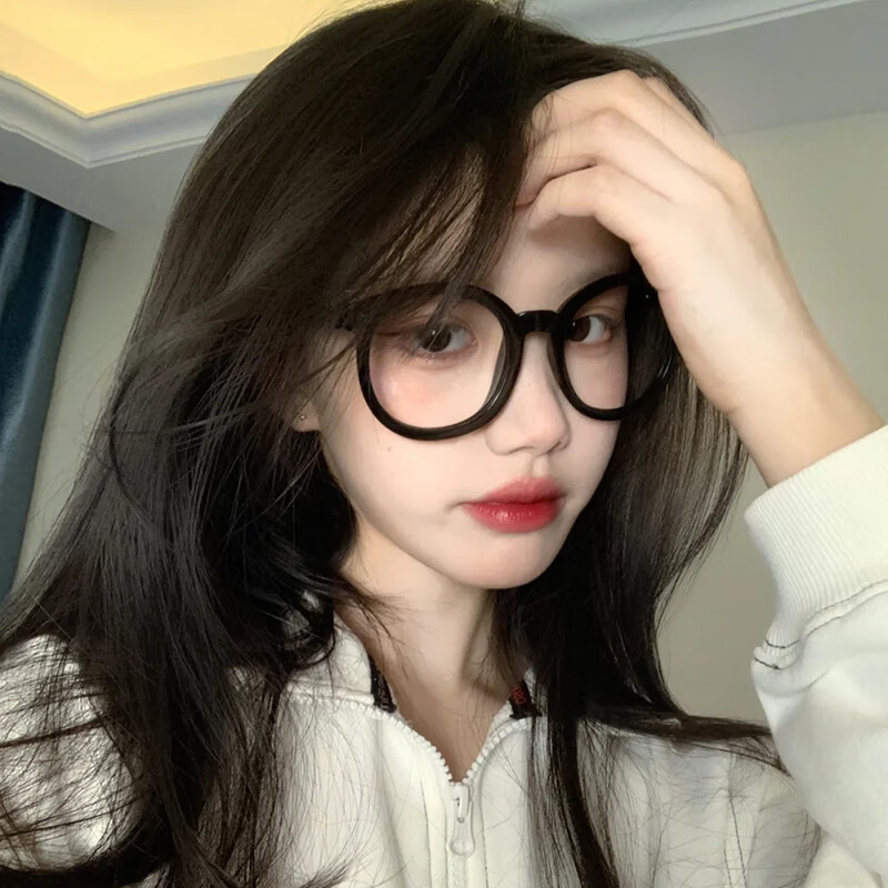 可盐可甜素颜bi备显脸小黑色眼镜女网红同款粗框圆形平光眼镜潮银色