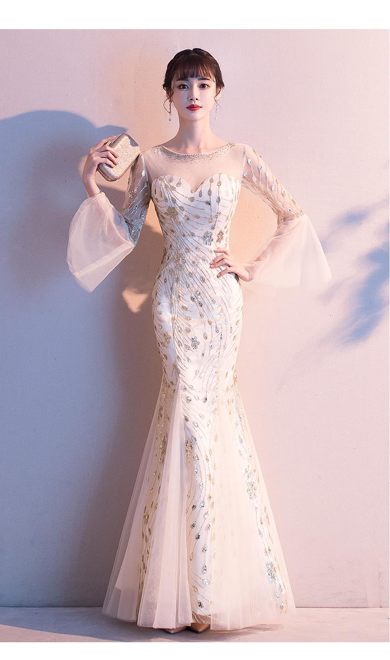 璨玥香槟色晚礼服裙女2019新款宴会气质长袖气场女王年会长款鱼尾亮片