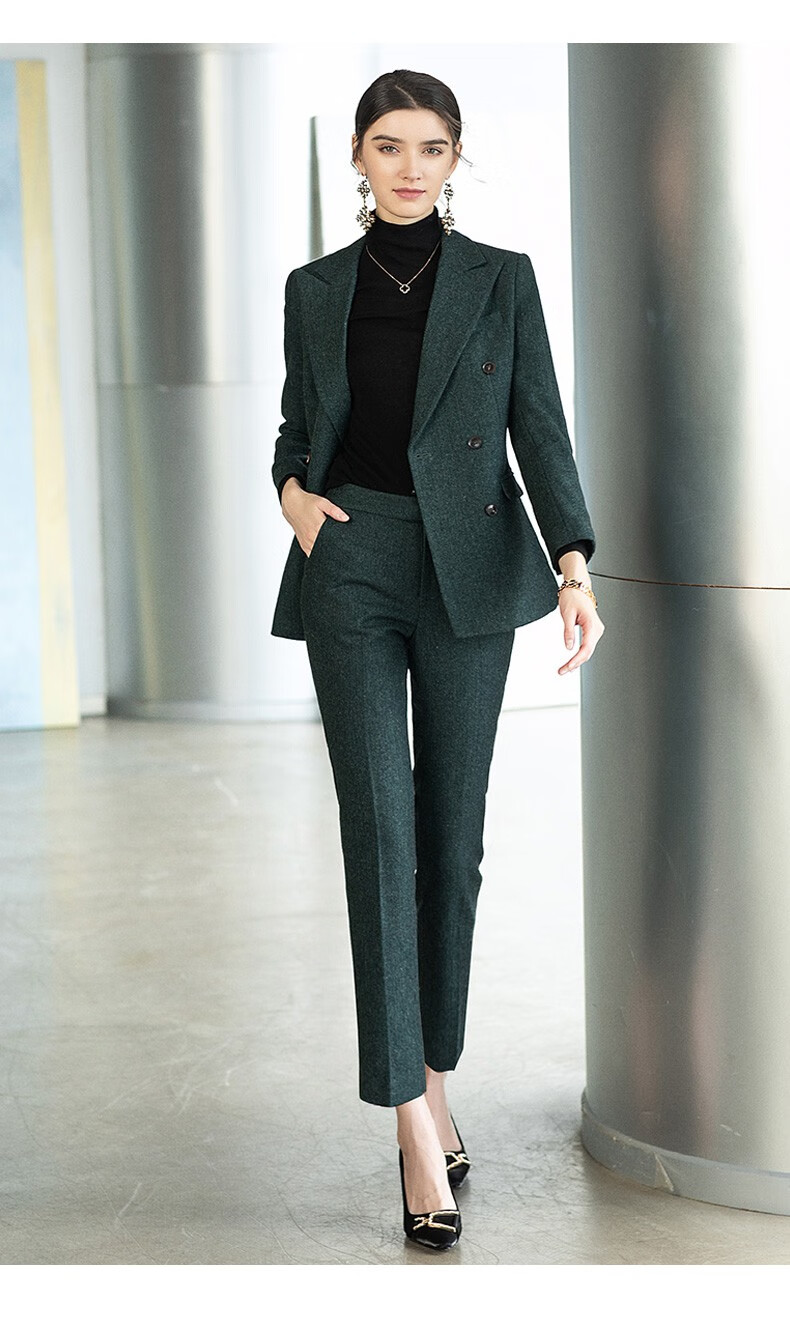 艾尚臣高端绿色西装套装女2021新款秋冬绵羊毛加厚西服外套气质职业