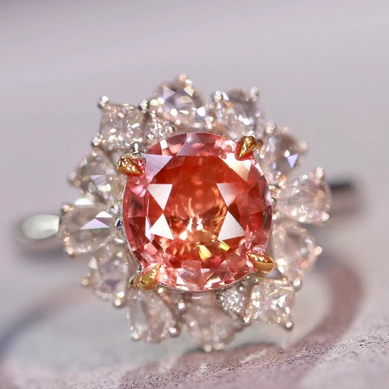 皇家矿工无烧帕帕拉恰宝石珠宝首饰戒指女戒轻奢时尚18k金镶钻总重529