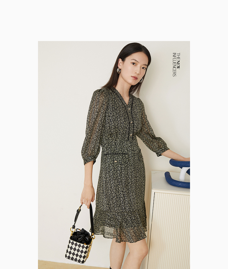 yiner音儿女装2022春季新款雪纺拼接v领碎花连衣裙深绿38