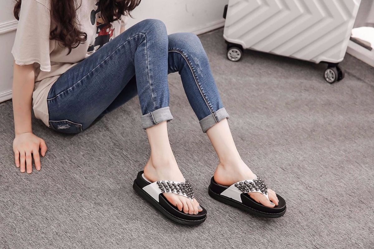 松糕厚底水钻女鞋拖鞋女夏时尚外穿新款休闲风凉拖鞋女软木拖鞋鞋黑色