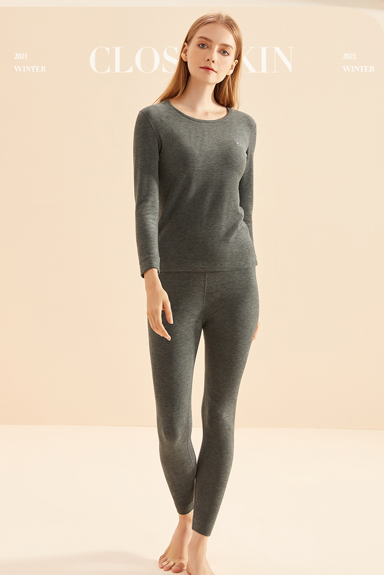 意芬三倍亲肤双面磨毛冬季女保暖内衣大码秋衣秋裤女士套装酒红女m