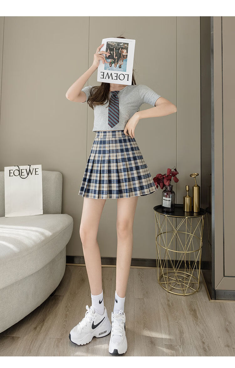 格裙春夏百褶裙高腰显瘦字半身裙女学院风格纹短裙子格子九xl腰围76cm
