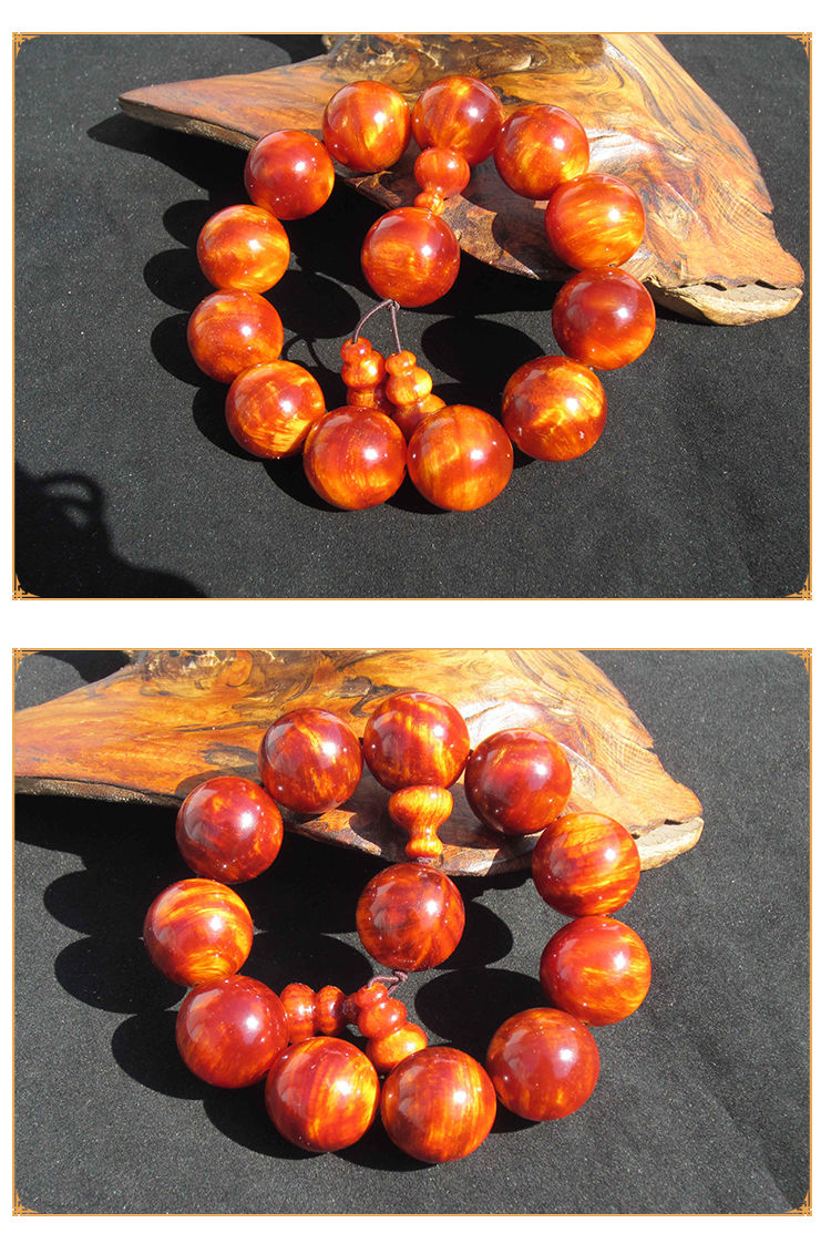 长白山琥珀木手串 东北松明子满油高透闪电纹佛珠 念珠原油高抛 收藏