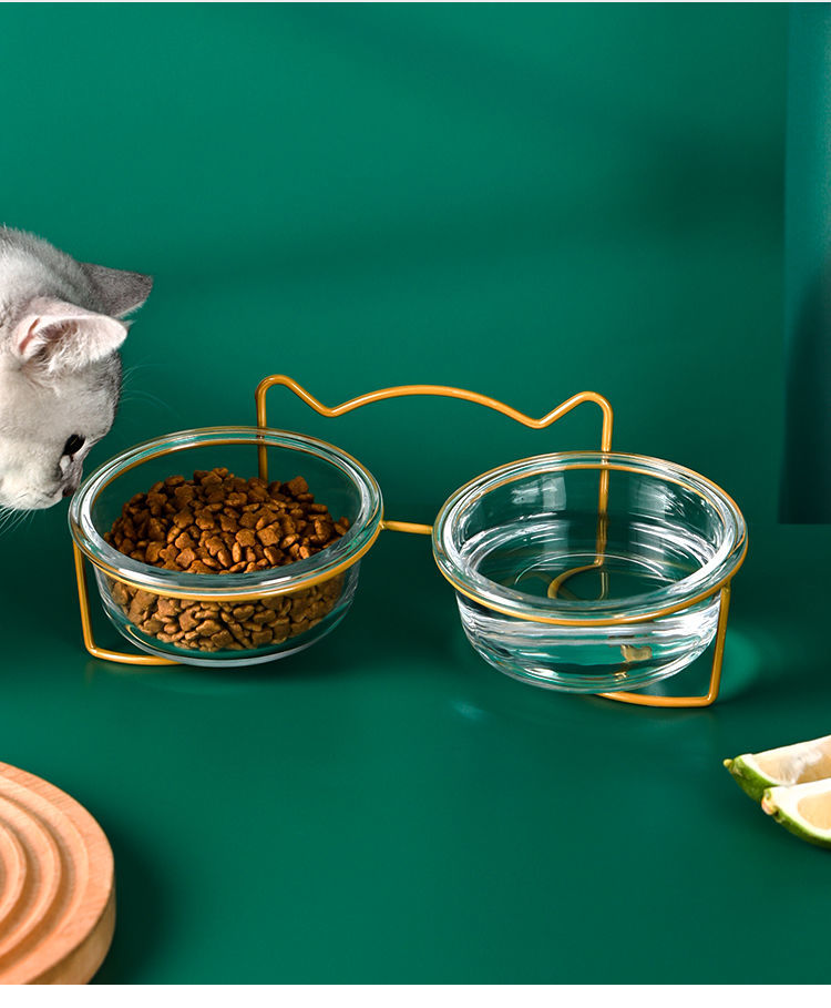 猫碗双碗斜口可爱玻璃猫食盆猫咪碗猫粮碗猫咪用品玻璃双碗墨黑支架