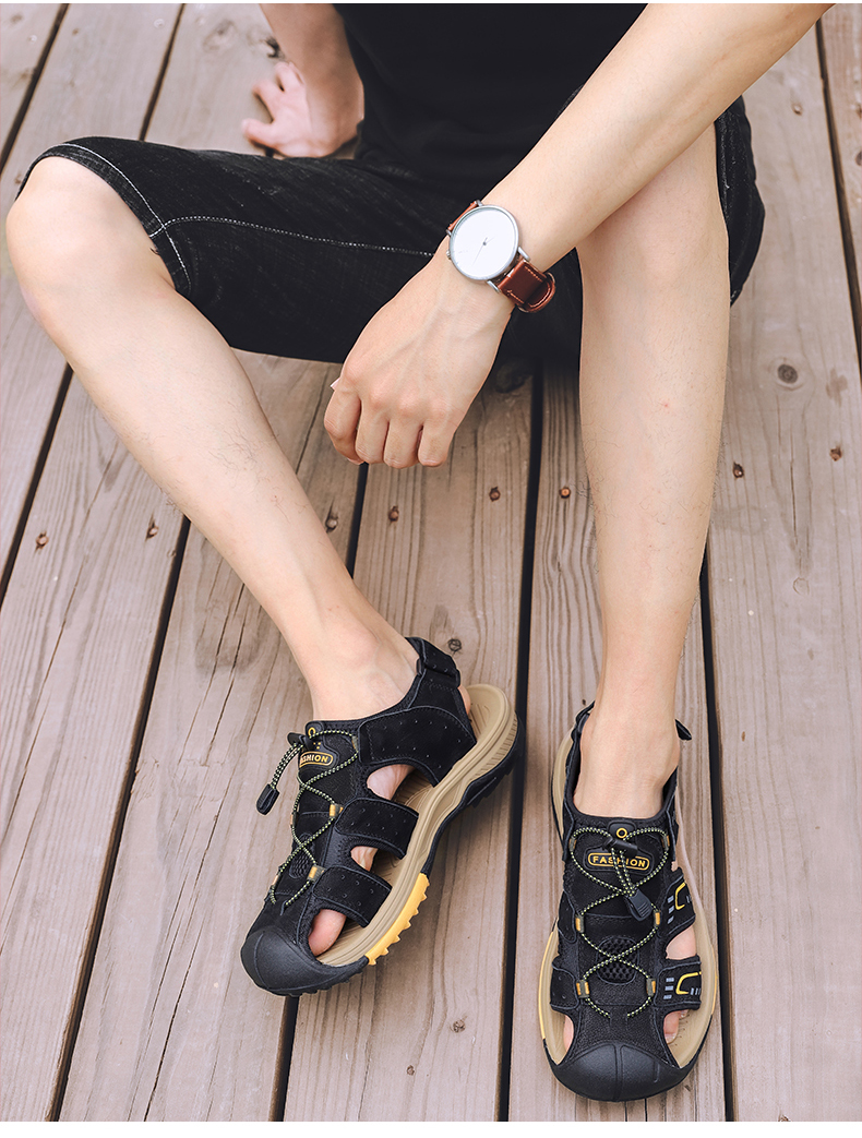 初中生穿的凉鞋青少年男生谅鞋男童包头凉鞋10大码大童真皮12岁男孩