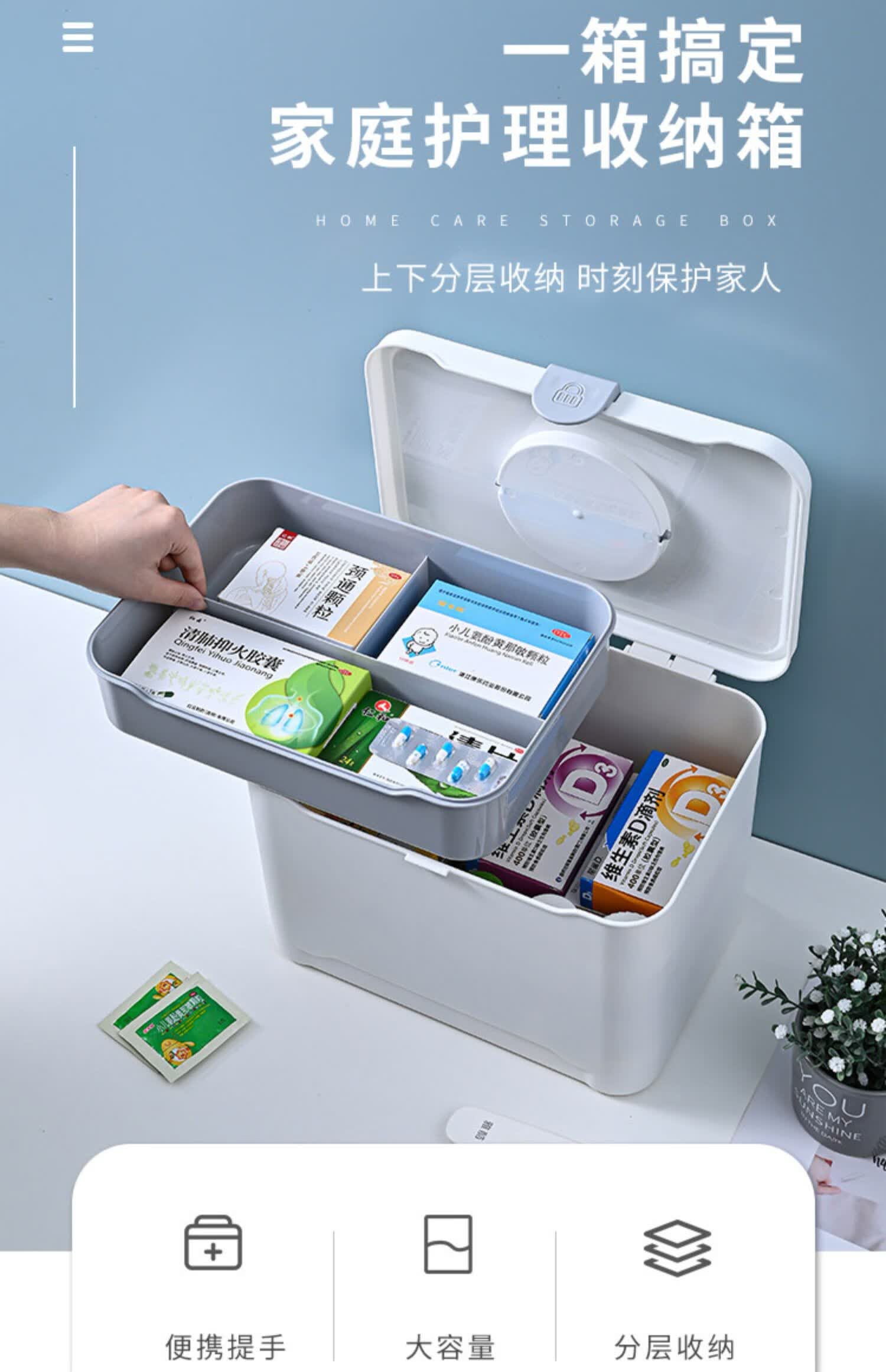 便携药箱医药箱多层大号家用收纳盒应急药品收纳箱小药箱灰色