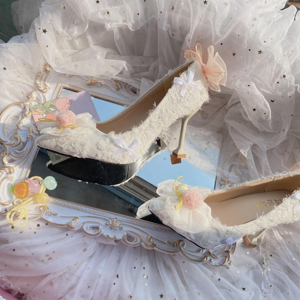 洛丽塔鞋子法式少女lolita高跟鞋华丽纯白花嫁鞋毛绒茶会款手工定制