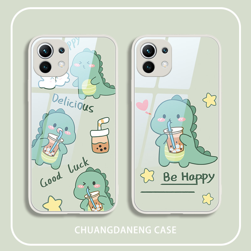luokasi奶茶小恐龙适用小米12手机壳绿色11pro玻璃镜面10s可爱女款