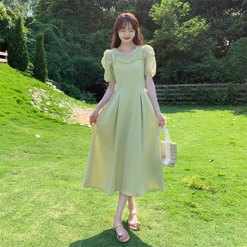 夏季大码法式收腰长款背带裙雪纺连衣裙子时尚专柜官方女绿色套装3xl