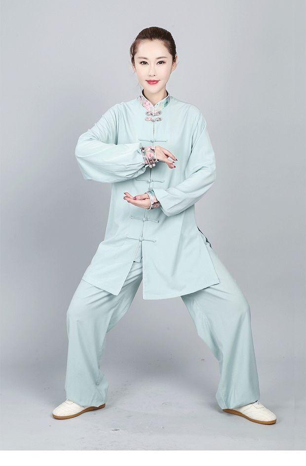 太极服女春秋棉麻长袖琵琶扣中长中老年练功服装中国风新款粉红色s
