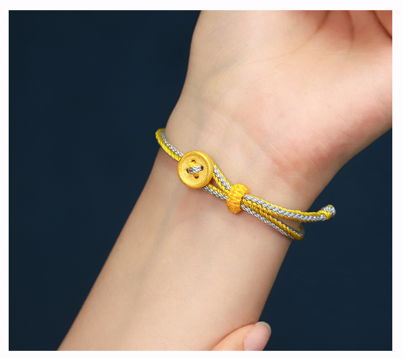 福韵瑞黄金纽扣手链999足金扭转乾坤灰黄腾达足金扣子男女情侣编织手