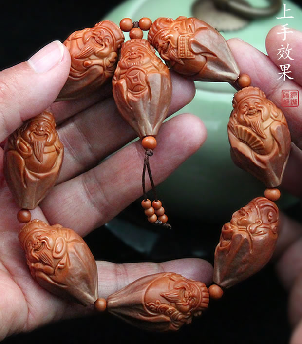 艾美福财神弥勒橄榄核手串纯手工雕刻文玩八大财神弥勒老油核苏工名家