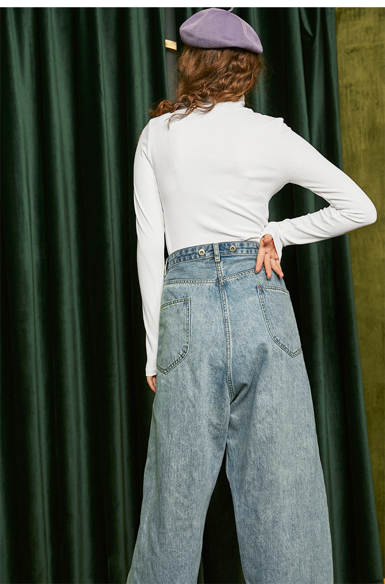 两三事 奇遇漩涡 2020秋季新款复古做旧可调腰身锥形裤女高腰牛仔裤