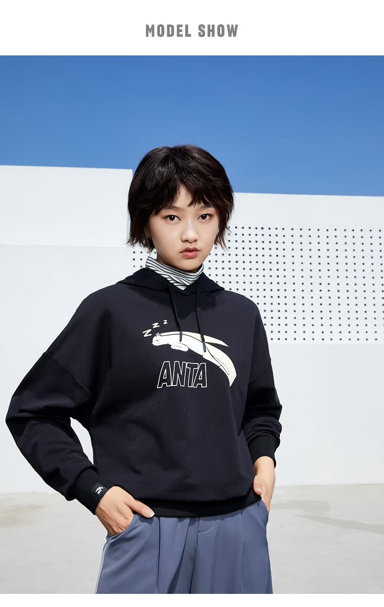 安踏连帽卫衣女装新款休闲套头衫宽松运动上衣基础黑s