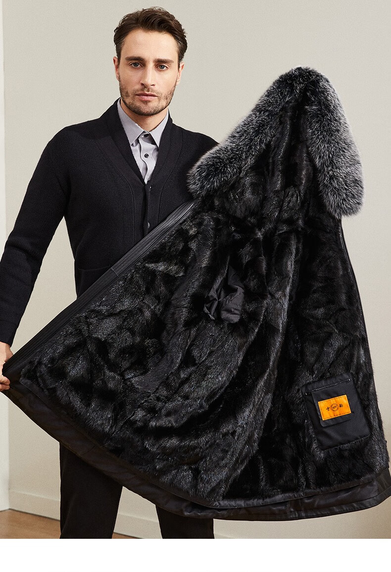 雪豹 派克服皮克服男头层牛皮2020冬季新款狐狸毛领连帽中长款水貂