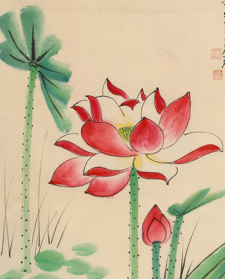 张大千荷花三尺名家花鸟国画纯手绘写意名家字画古玩大师书画收藏纯