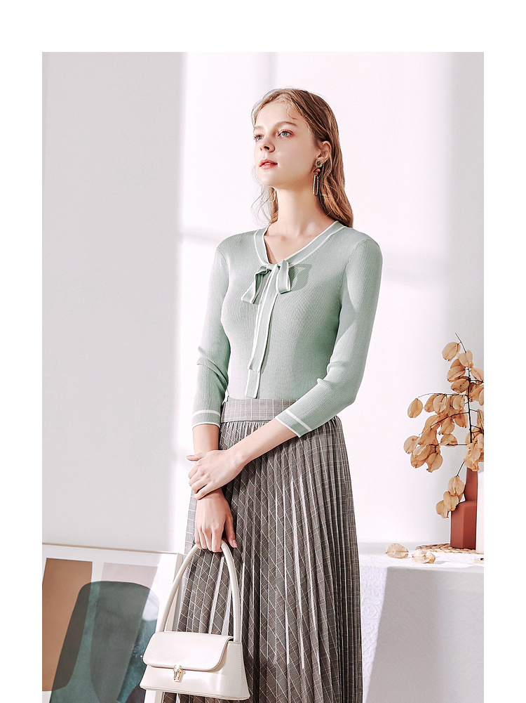 v领系带针织衫女佳人苑2020秋季新款七分袖修身显瘦百搭线衫套头 清水