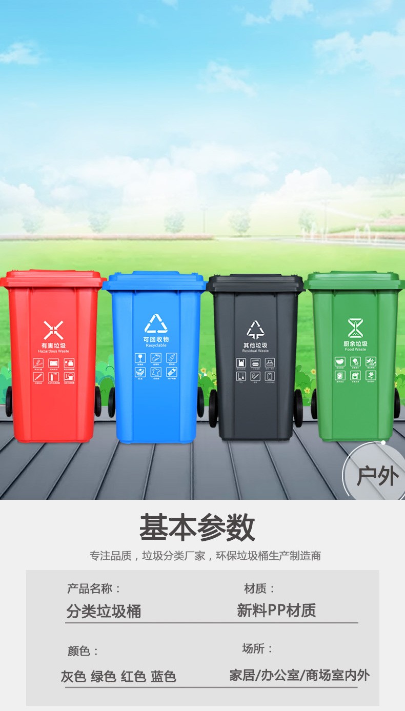 垃圾分类垃圾桶大号带盖厨房大垃圾箱四色商用饭店餐饮可回收厨余环卫