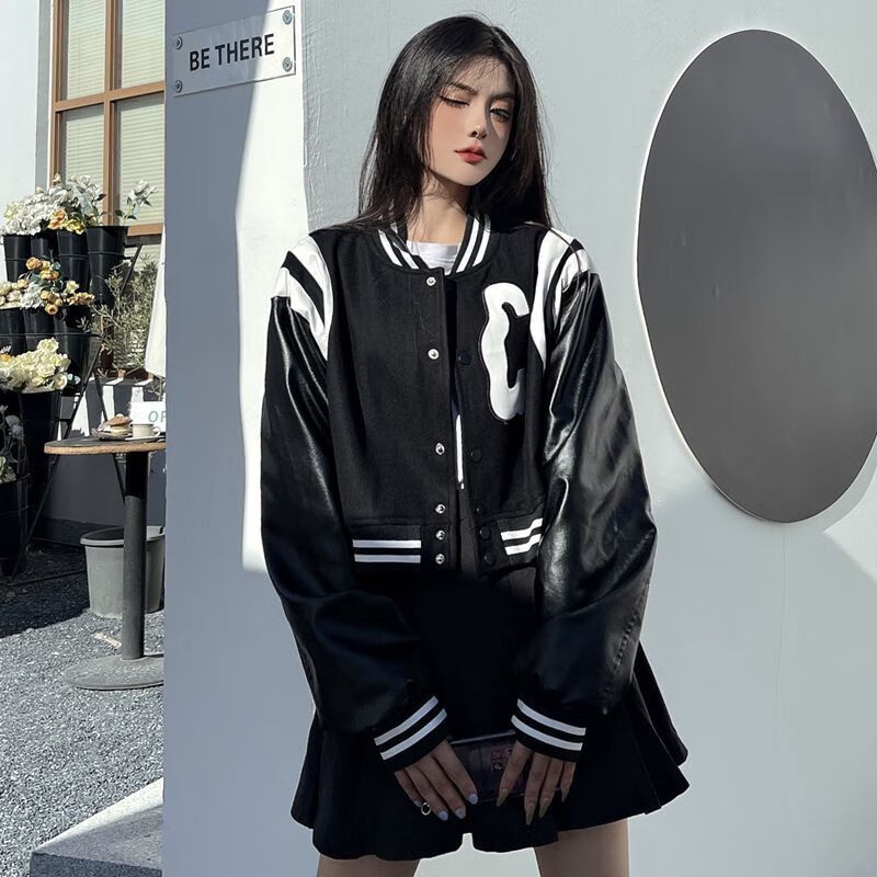 玺报黑色棒球服短款外套女装四季百搭2022新款美式复古小个子ins潮