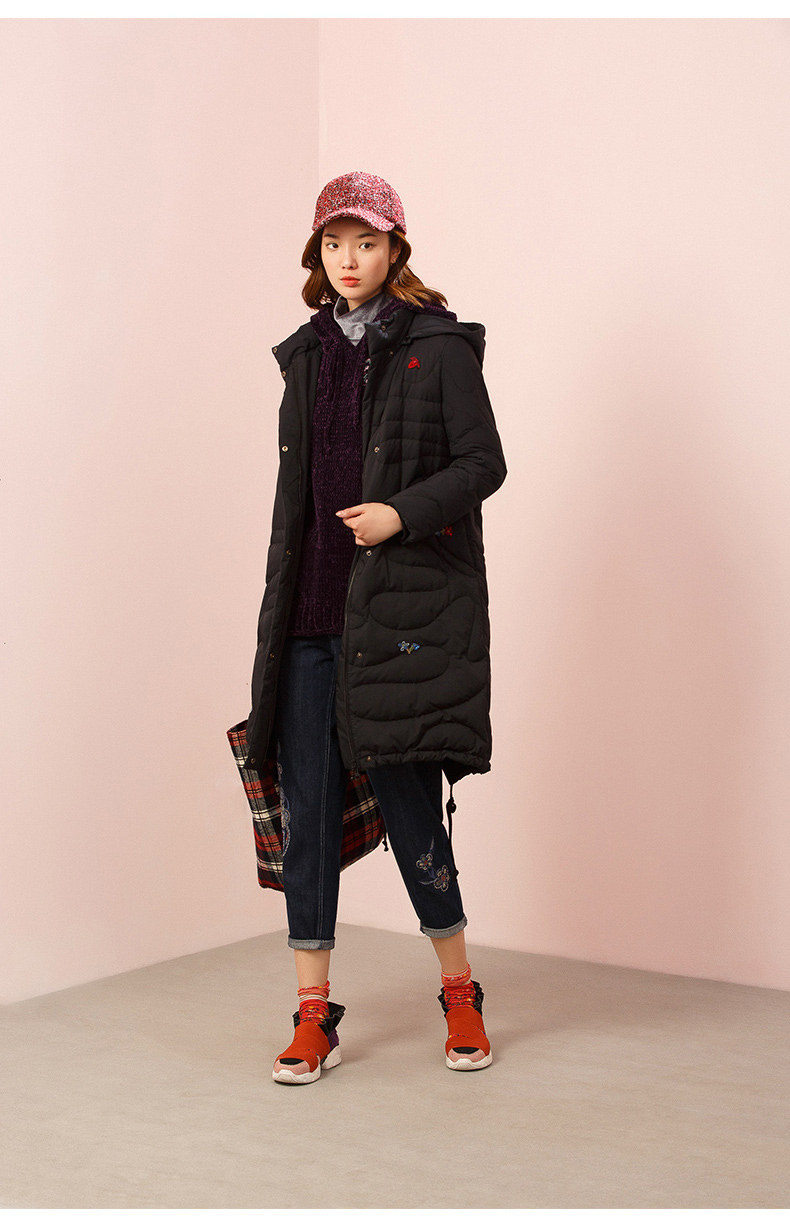 渔牌羽绒服2020年新款女冬h型连帽长款防风保暖羽绒外套黑18096axxl