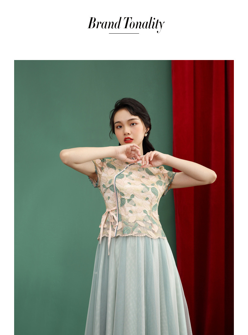 固执2020夏季新品女复古国风改良汉元素立领蕾丝网纱中长连衣裙粉绿色