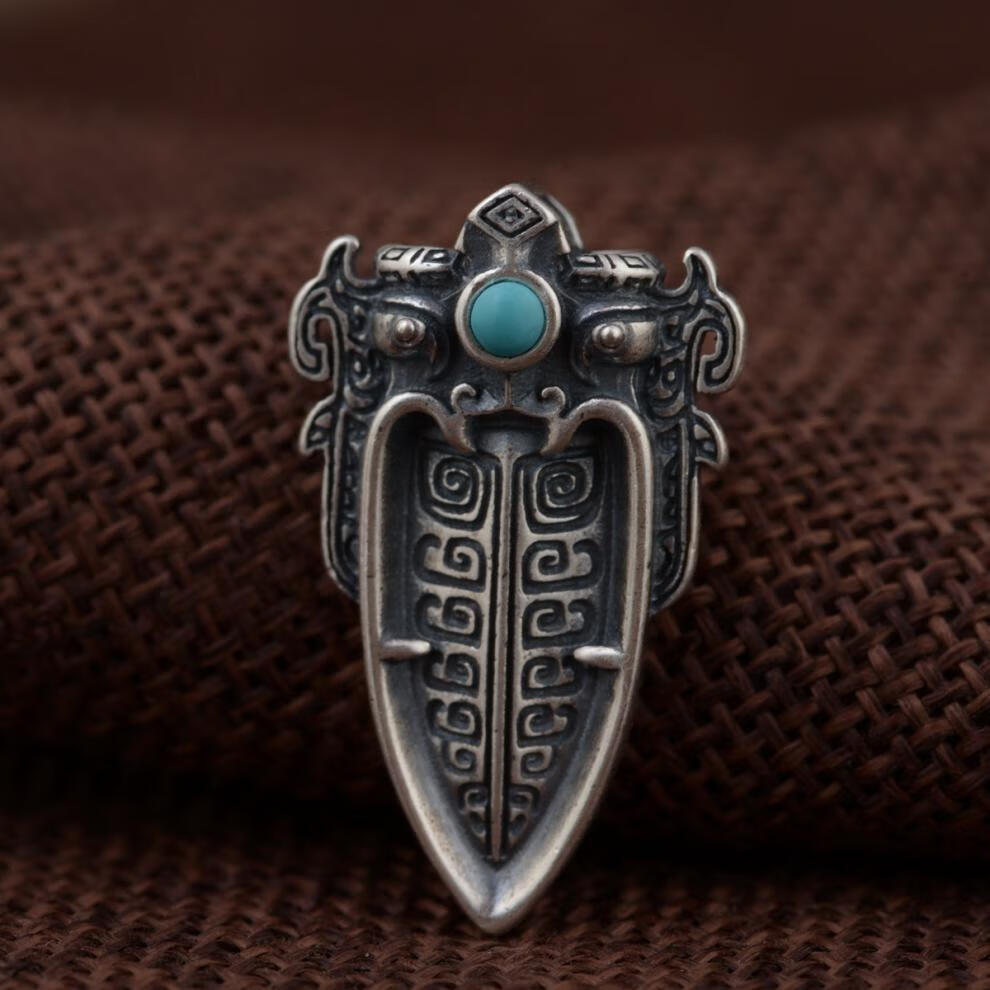 纹兽面盾形项链坠挂坠复古民族风格圣诞礼物 s925纯银饕餮吊坠 送皮绳